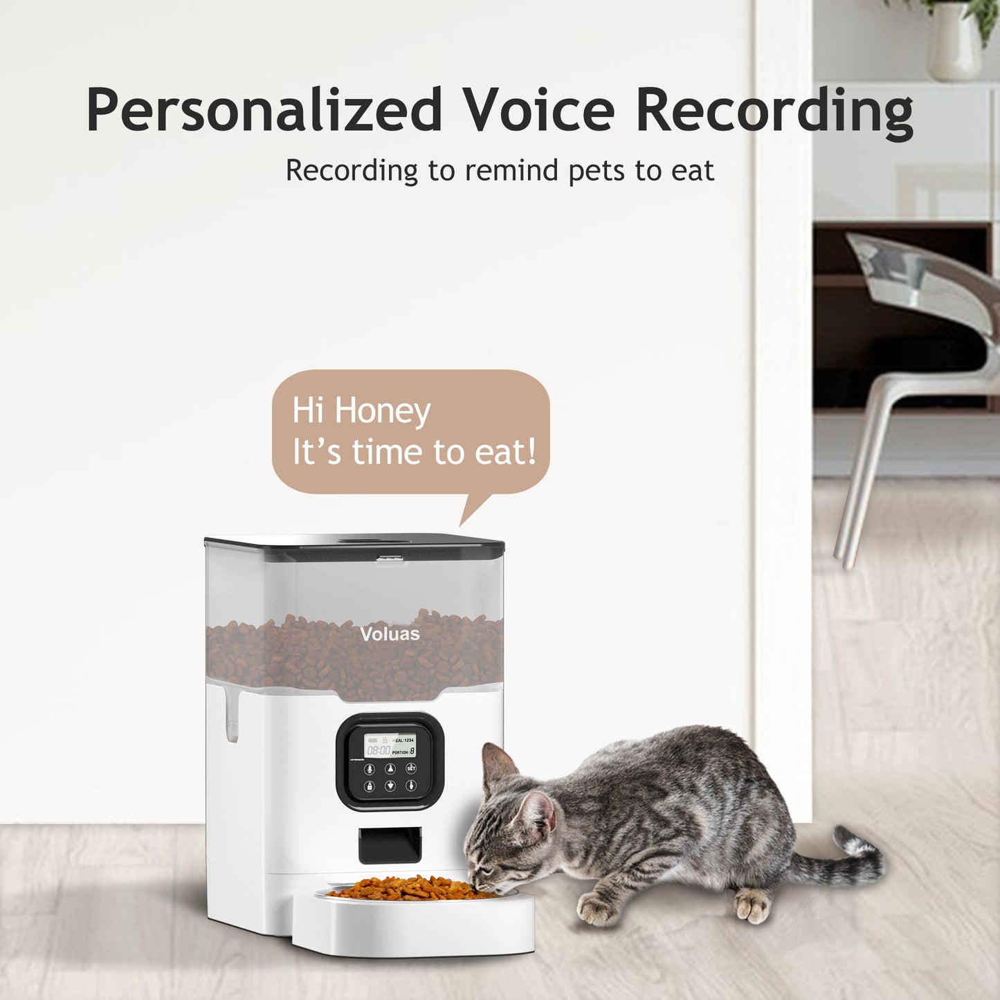 VOLUAS Automatic Cat Feeders, Pet Food Dispenser for Dry Food, Timed Cat Feeder with Desiccant Bag, Programmable Portion Size Control 4 Meals Per Day, 10s Voice Recorder