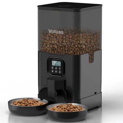 Voluas Automatic Cat eeders for Two Cats, Double Pet Feeder with 2 StainessSsteelBowls,6L Tined Cat Feeder with Memory Function,PetFood Dst