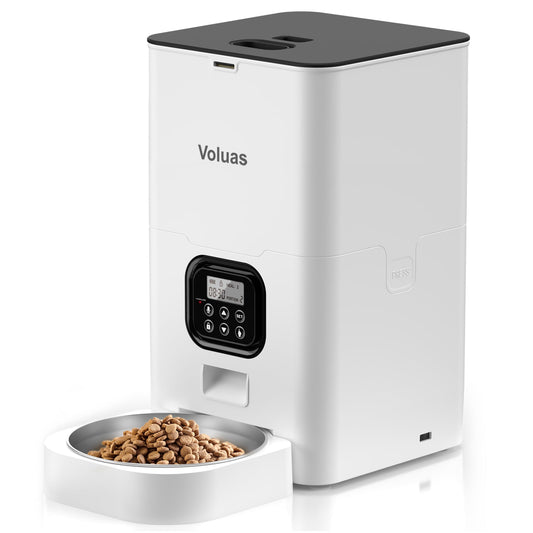 VOLUAS Automatic Cat Feeders, Pet Food Dispenser for Dry Food, Timed Cat Feeder with Desiccant Bag, Programmable Portion Size Control 4 Meals Per Day, 10s Voice Recorder