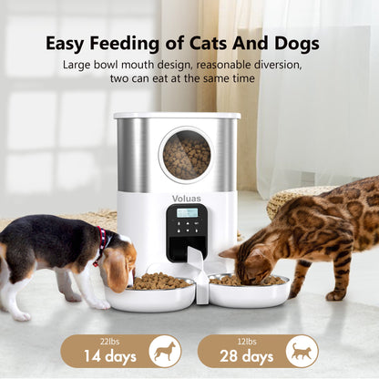 VOLUAS Automatic Cat Feeders for Two Cats, Pet Feeder for Cats and Dogs Timed Cat Feeder Pet Dry Food Dispenser, White