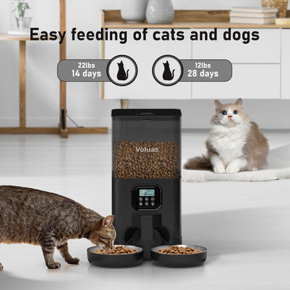 Voluas Automatic Cat eeders for Two Cats, Double Pet Feeder with 2 StainessSsteelBowls,6L Tined Cat Feeder with Memory Function,PetFood Dst