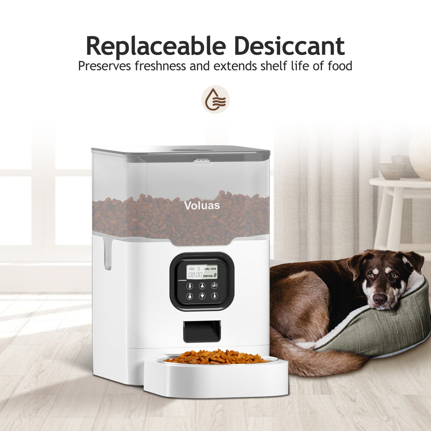 VOLUAS Automatic Cat Feeders, Pet Food Dispenser for Dry Food, Timed Cat Feeder with Desiccant Bag, Programmable Portion Size Control 4 Meals Per Day, 10s Voice Recorder