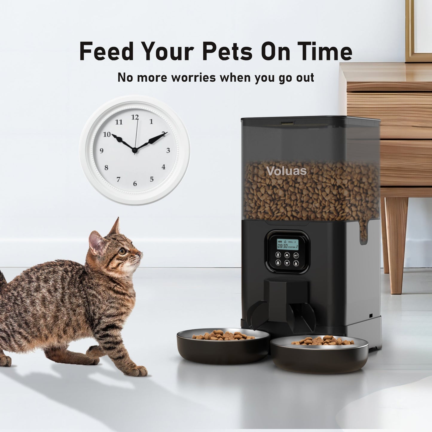 Voluas Automatic Cat eeders for Two Cats, Double Pet Feeder with 2 StainessSsteelBowls,6L Tined Cat Feeder with Memory Function,PetFood Dst