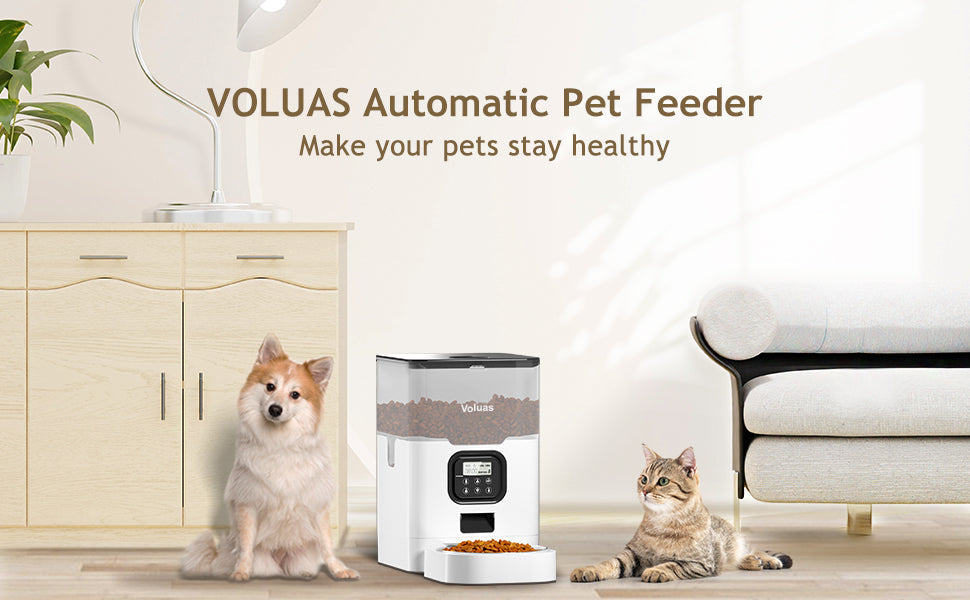 VOLUAS Automatic Cat Feeders, Pet Food Dispenser for Dry Food, Timed Cat Feeder with Desiccant Bag, Programmable Portion Size Control 4 Meals Per Day, 10s Voice Recorder