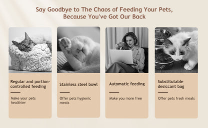 VOLUAS Automatic Cat Feeders, Pet Food Dispenser for Dry Food, Timed Cat Feeder with Desiccant Bag, Programmable Portion Size Control 4 Meals Per Day, 10s Voice Recorder