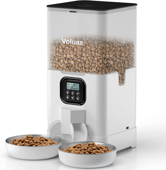 Voluas Automatic Cat Feeders for Two Cats, Double Pet Feeder with 2 Stainless Steel Bowls,6L Timed Cat Feeder with Memory Function, Pet Food Dish
