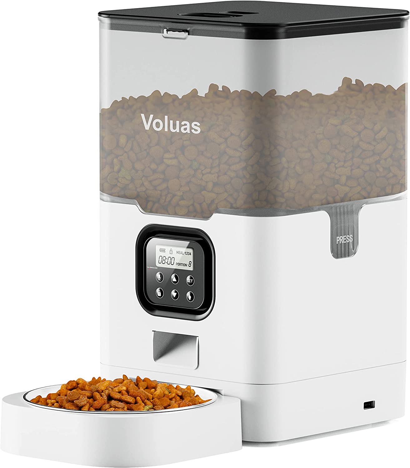 VOLUAS Automatic Cat Feeders, Pet Food Dispenser for Dry Food, Timed Cat Feeder with Desiccant Bag, Programmable Portion Size Control 4 Meals Per Day, 10s Voice Recorder