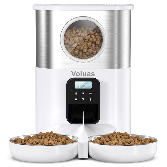VOLUAS Automatic Cat Feeders for Two Cats, Pet Feeder for Cats and Dogs Timed Cat Feeder Pet Dry Food Dispenser, White